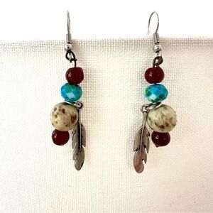 Silver Feather Earrings with Red and Blue Beads tribal earrings